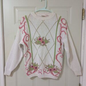 Vintage Basket Of Yarn 90s Sweater Womens L Floral Design Bohemia Boho